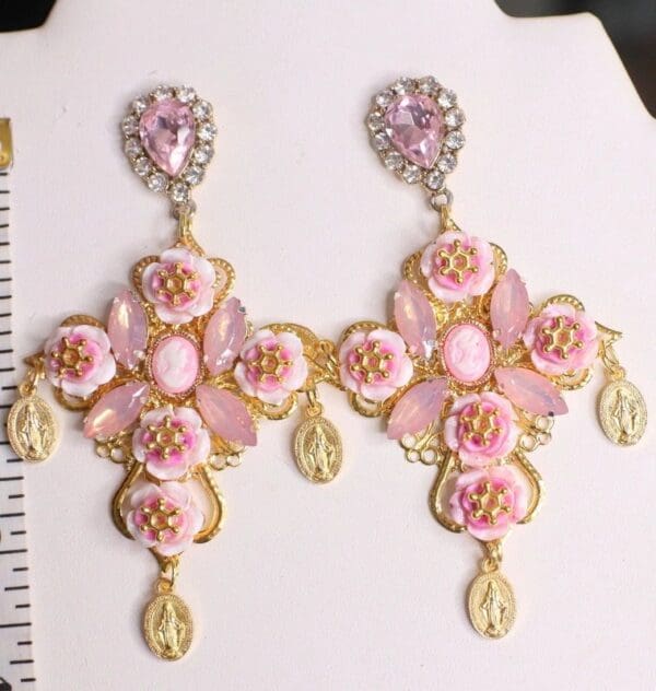 SOLD! 4580 Baroque Pink Crystal Roses Cross Studs Earrings - Image 3