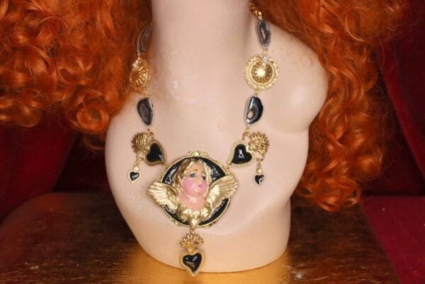 SOLD! 4591 Genuine Agate Baroque Hand Painted Cherub Sacred Hearts Necklace + Earrings - Image 4