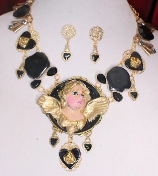 SOLD! 4592 Genuine Agate Baroque Hand Painted Cherub Sacred Hearts Necklace + Earrings - Image 2