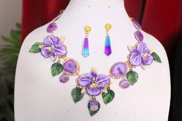 SOLD! 4594 Genuine Agate Solar Quartz Tourmaline Baroque Hand Painted Lavender Orchids Necklace + Earrings - Image 2