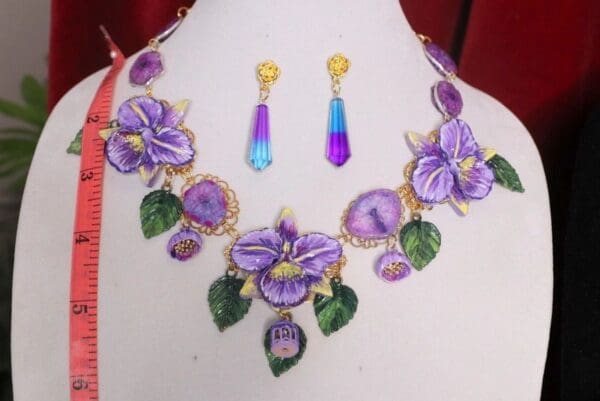 SOLD! 4594 Genuine Agate Solar Quartz Tourmaline Baroque Hand Painted Lavender Orchids Necklace + Earrings - Image 10