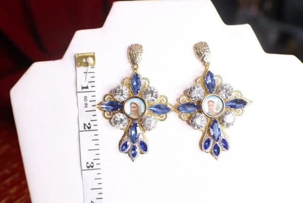 SOLD! 4597 Virgin Mary Light Blue Crystal Cross Studs Earrings - Image 2