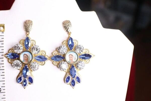 SOLD! 4597 Virgin Mary Light Blue Crystal Cross Studs Earrings - Image 3