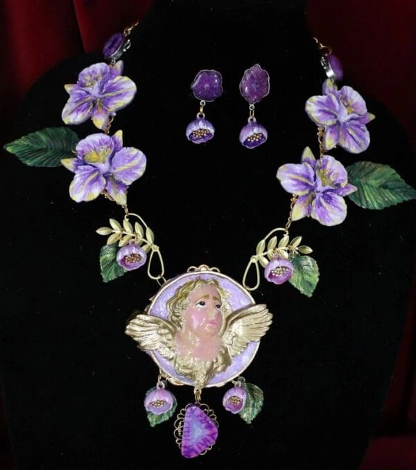 SOLD! 4607 Genuine Agate Baroque Hand Painted Lavender Orchids Cherub Necklace + Earrings - Image 4