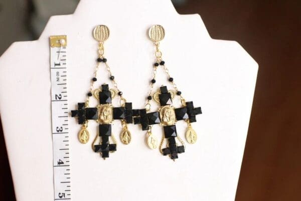 SOLD! 4610 Baroque Black Oval Cross Madonna Coin Studs Earrings - Image 6