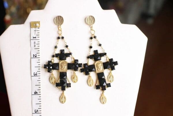 SOLD! 4612 Baroque Black Cross Madonna Coin Studs Earrings - Image 7