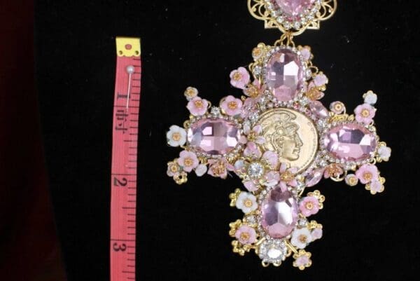 SOLD! 4620 Baroque Runway Roman Coin Cherry Blossom Pink Huge Cross Necklace - Image 4