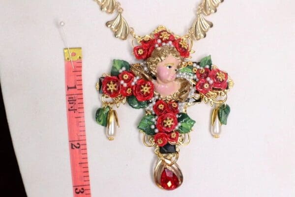 SOLD! 4632 Baroque Runway Red Roses Vivid Chubby Cherub Angel Huge Cross Necklace - Image 9