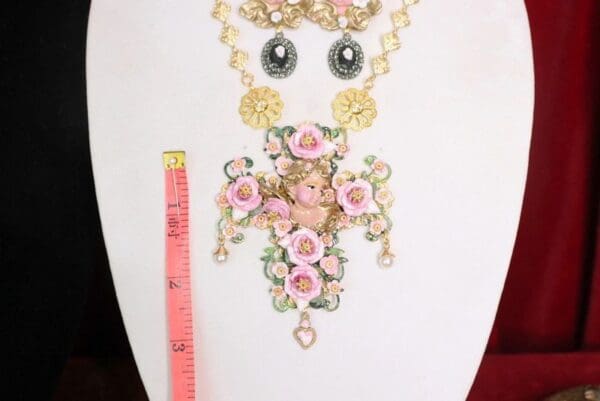SOLD! 4634 Baroque Runway Pink Roses Vivid Chubby Cherub Angel Huge Cross Necklace - Image 7