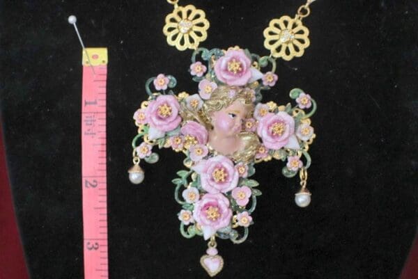 SOLD! 4634 Baroque Runway Pink Roses Vivid Chubby Cherub Angel Huge Cross Necklace - Image 9