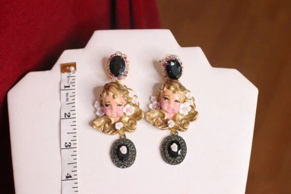 SOLD! 4635 Baroque Vivid Hand Painted Cherubs Angels Black Rhinestones Studs Earrings - Image 4