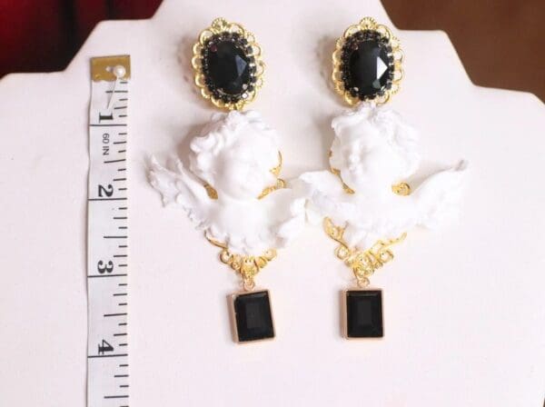 SOLD! 4636 Baroque White Cherubs Angels Black Rhinestones Studs Earrings - Image 5