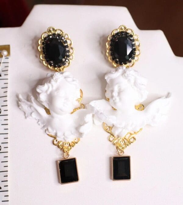 SOLD! 4636 Baroque White Cherubs Angels Black Rhinestones Studs Earrings - Image 6