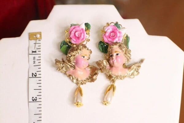 SOLD! 4651 Baroque Vivid Chubby Cherubs Angels Roses Hand Painted Studs Earrings - Image 4