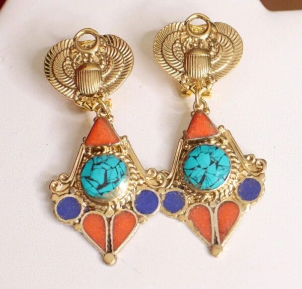 SOLD! 4653 Egyptian Revival Pharaoh Genuine Turquoise Lapiz Earrings Studs - Image 2