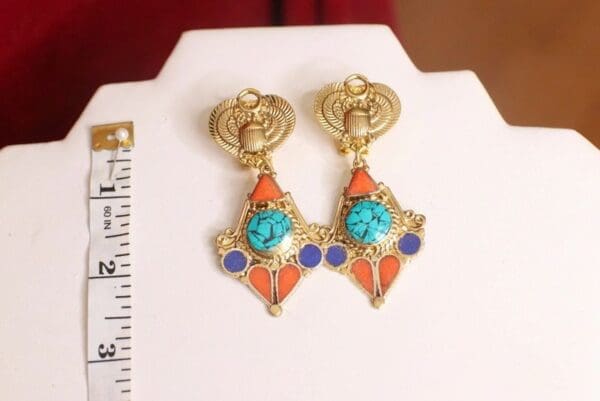 SOLD! 4653 Egyptian Revival Pharaoh Genuine Turquoise Lapiz Earrings Studs - Image 3