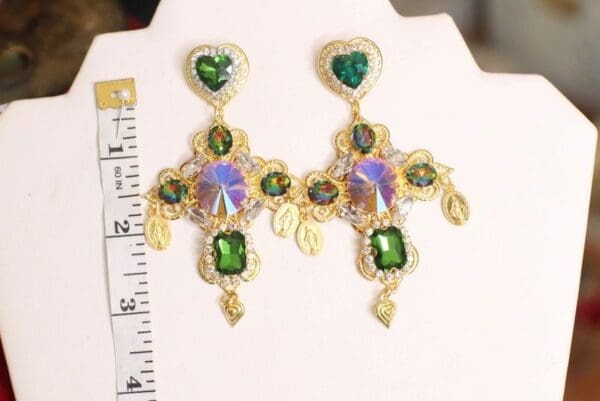 SOLD! 4655 Cross Baroque Green Yellow Rhinestones Madonna Coin Studs Earrings - Image 3