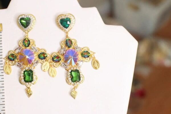 SOLD! 4655 Cross Baroque Green Yellow Rhinestones Madonna Coin Studs Earrings - Image 4