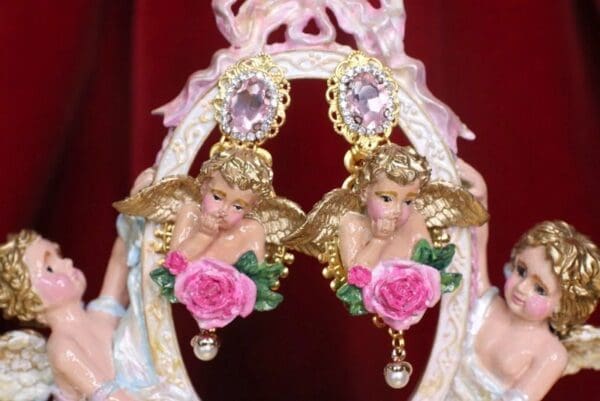 SOLD! 4666 Hand Painted Baroque Cherubs Angels RoseEarrings Studs