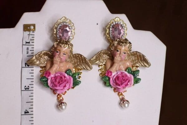 SOLD! 4666 Hand Painted Baroque Cherubs Angels RoseEarrings Studs - Image 5