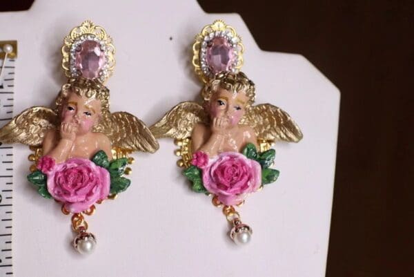 SOLD! 4666 Hand Painted Baroque Cherubs Angels RoseEarrings Studs - Image 6
