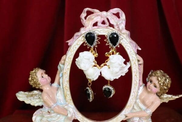 SOLD! 4674 Baroque White Cherubs Angels Black Rhinestones Studs Earrings - Image 2