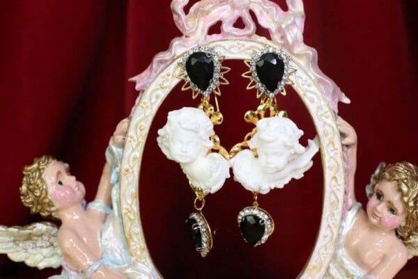 SOLD! 4674 Baroque White Cherubs Angels Black Rhinestones Studs Earrings