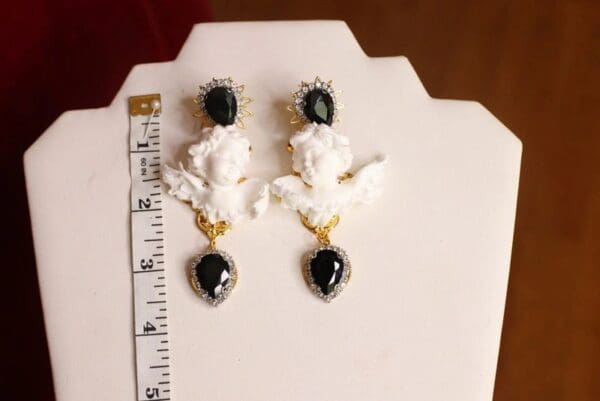SOLD! 4674 Baroque White Cherubs Angels Black Rhinestones Studs Earrings - Image 6