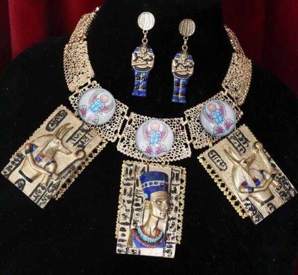 SOLD! 4676 Set Of Egyptian Revival Hand Painted 3D Effect Pharaoh Cleopatra Statement Huge Necklace+ Earrings