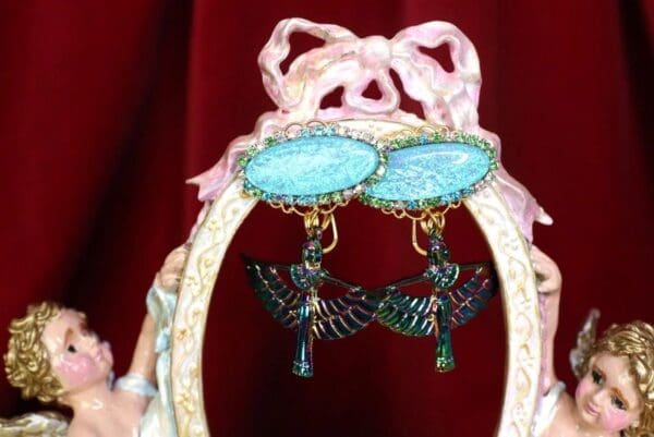SOLD! 4678 Egyptian Revival Iridescent Genuine Australian Triplet Opal Earrings Studs - Image 2