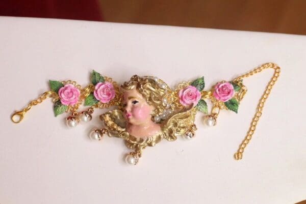 SOLD! 4688 Baroque Vivid Chubby Cherub Roses Pearl Bracelet - Image 7