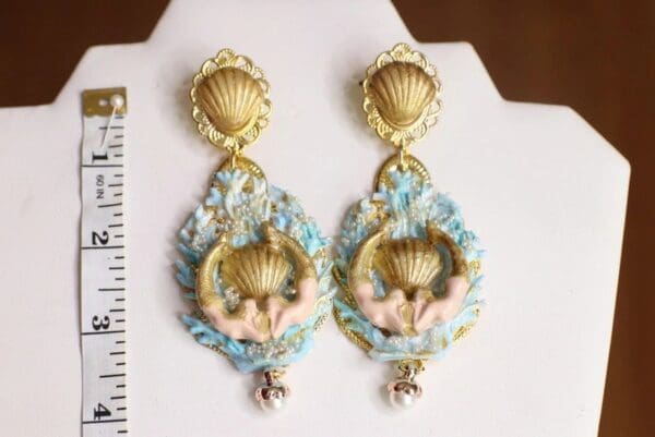 SOLD! 4691 Baroque Hand Painted Blue Coral Reef Mermaids Stunning Studs Earrings - Image 9