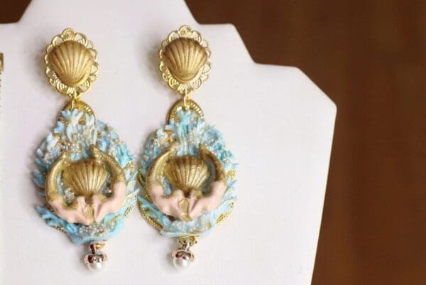 SOLD! 4691 Baroque Hand Painted Blue Coral Reef Mermaids Stunning Studs Earrings - Image 10