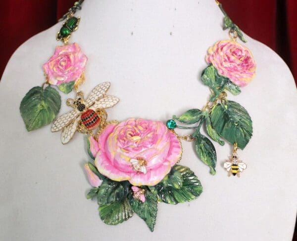 SOLD! 4705 Unique Hand Painted Roses Bee Massive Statement Necklace - Image 10