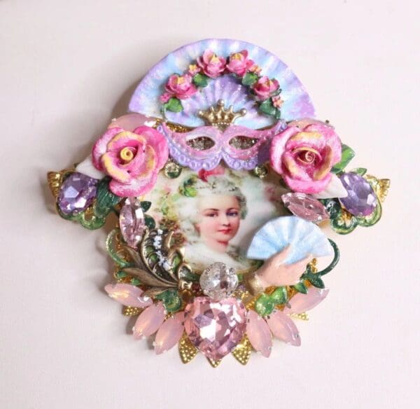 SOLD! 4713 Marie Antoinette Hand Painted Roses Fan Massive Brooch - Image 10