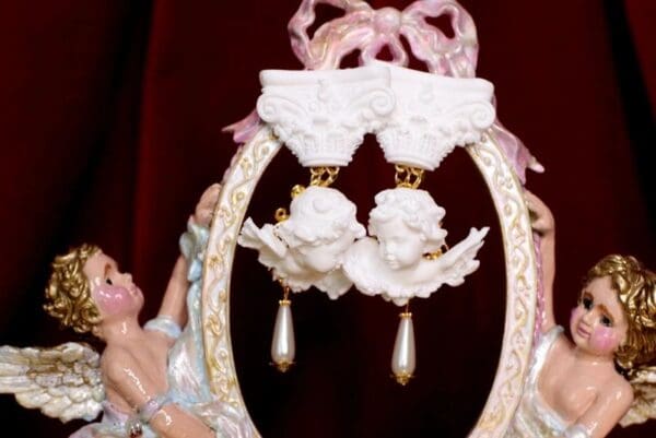 SOLD! 4718 White Architect Baroque Roman Column White Chubby Cherubs Angels Studs Earrings