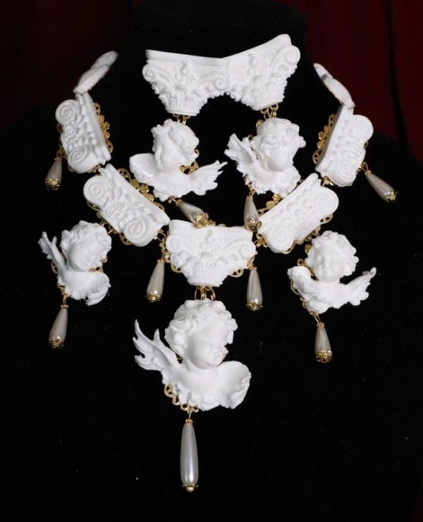 SOLD! 4719 Baroque Runway White Architect Chubby Cherubs Angels Roman Column Necklace