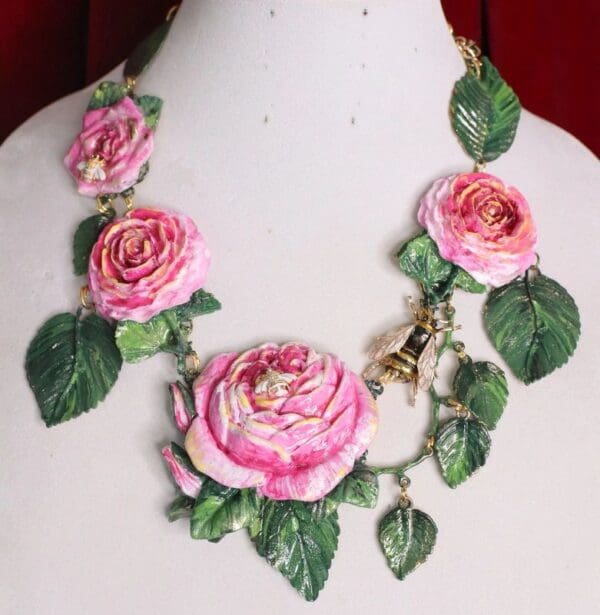 SOLD! 4720 Unique Hand Painted Roses Bee Massive Statement Necklace - Image 3