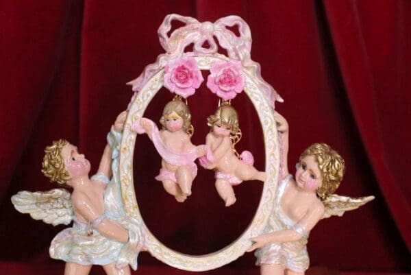 SOLD! 4721 Baroque Hand Painted Cherubs Pink Rose Studs Earrings - Image 2