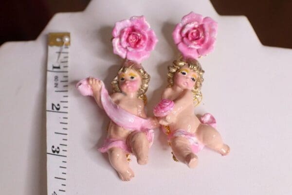 SOLD! 4721 Baroque Hand Painted Cherubs Pink Rose Studs Earrings - Image 7