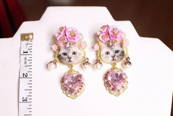 SOLD! 4726 Baroque Cat Adorable Flowers Pink Rhinestone Studs Earrings - Image 2
