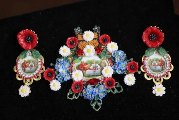 SOLD! 4727 Set Of Ukrainian Revival Poppy Daisy Massive Brooch+ Earrings - Image 2