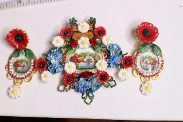 SOLD! 4727 Set Of Ukrainian Revival Poppy Daisy Massive Brooch+ Earrings - Image 7