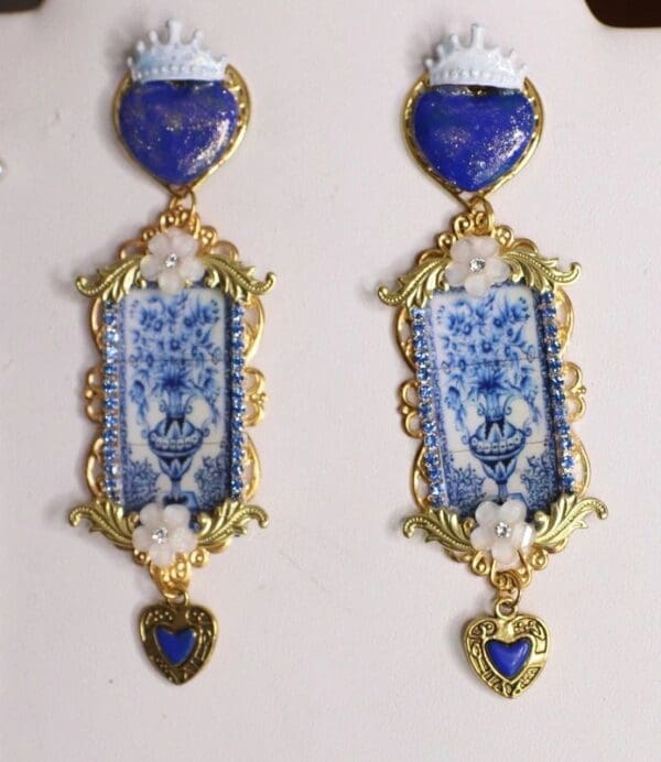 SOLD! 4747 Baroque Sicilian Tile Blue Vase Hearts Studs Earrings - Image 2