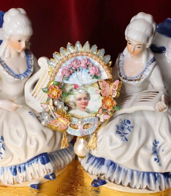 SOLD! 4362 Victorian Marie Antoinette Fan Mask Hand Painted Huge Crystal Brooch