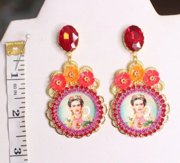 SOLD! 4765 Frida Kahlo Flowers Crystal Cameo Studs Earrings - Image 6