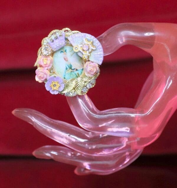 SOLD! 4767 Young Marie Antoinette Hand Painted Aqua Fan Cocktail Adjustable Ring - Image 6