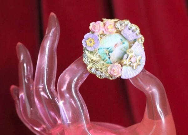 SOLD! 4767 Young Marie Antoinette Hand Painted Aqua Fan Cocktail Adjustable Ring - Image 2