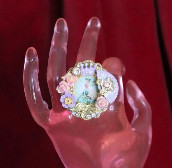 SOLD! 4767 Young Marie Antoinette Hand Painted Aqua Fan Cocktail Adjustable Ring - Image 7
