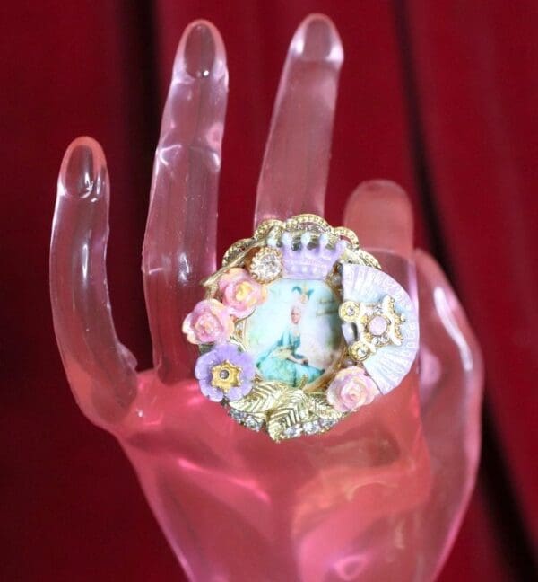 SOLD! 4767 Young Marie Antoinette Hand Painted Aqua Fan Cocktail Adjustable Ring - Image 8